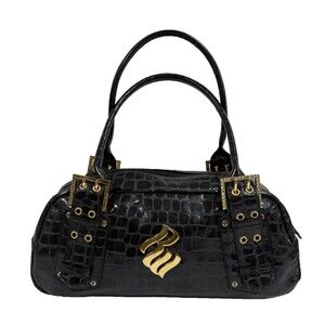 ROCAWEAR Black Leather Croco Purse Satchel Handbag Small Gold-tone Logo